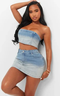 Outlet PrettyLittleThing Shape Washed Denim Bandeau Top Light Blue