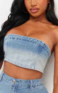 Outlet PrettyLittleThing Shape Washed Denim Bandeau Top Light Blue