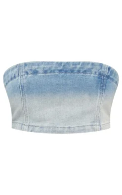 Outlet PrettyLittleThing Shape Washed Denim Bandeau Top Light Blue