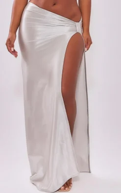 Clearance PrettyLittleThing Shape High Shine High Split Midaxi Skirt Light Grey