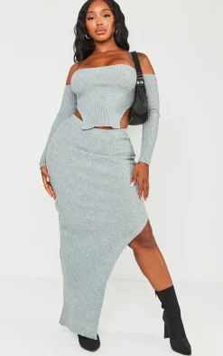 Outlet PrettyLittleThing Shape Knit Split Side Midaxi Skirt Light Grey
