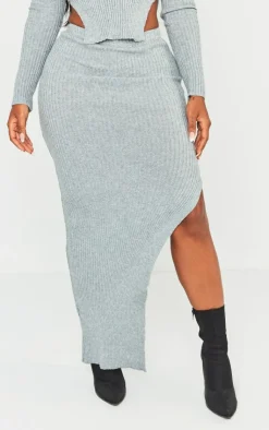 Outlet PrettyLittleThing Shape Knit Split Side Midaxi Skirt Light Grey