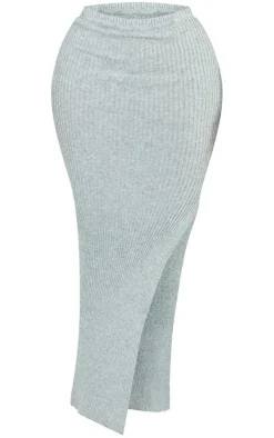 Outlet PrettyLittleThing Shape Knit Split Side Midaxi Skirt Light Grey