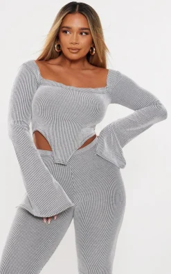 New PrettyLittleThing Shape Ribbed Bardot Flare Split Sleeve Crop Top Light Grey