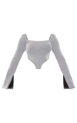 New PrettyLittleThing Shape Ribbed Bardot Flare Split Sleeve Crop Top Light Grey