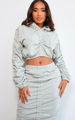 PrettyLittleThing Shape Ruched Sweat Long Sleeved Crop Hoodie Light Grey