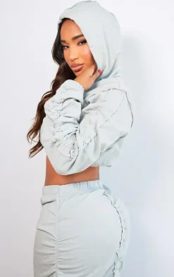 PrettyLittleThing Shape Ruched Sweat Long Sleeved Crop Hoodie Light Grey