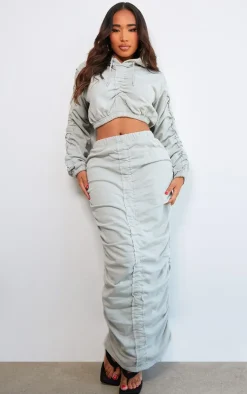 PrettyLittleThing Shape Ruched Sweat Long Sleeved Crop Hoodie Light Grey