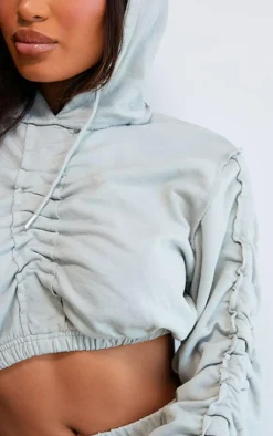 PrettyLittleThing Shape Ruched Sweat Long Sleeved Crop Hoodie Light Grey