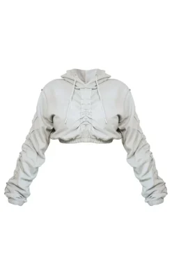 PrettyLittleThing Shape Ruched Sweat Long Sleeved Crop Hoodie Light Grey