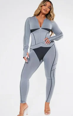 PrettyLittleThing Seamless Gym Wear*Shape Seamless Contrast Long Sleeve Zip Through Jumpsuit