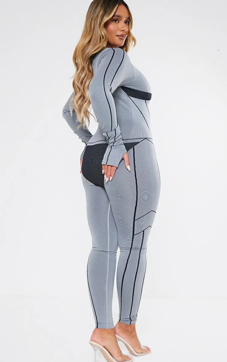 PrettyLittleThing Seamless Gym Wear*Shape Seamless Contrast Long Sleeve Zip Through Jumpsuit