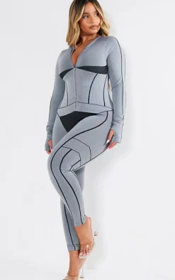 PrettyLittleThing Seamless Gym Wear*Shape Seamless Contrast Long Sleeve Zip Through Jumpsuit