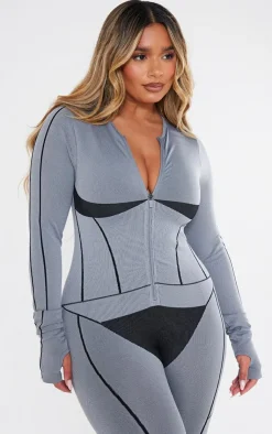 PrettyLittleThing Seamless Gym Wear*Shape Seamless Contrast Long Sleeve Zip Through Jumpsuit