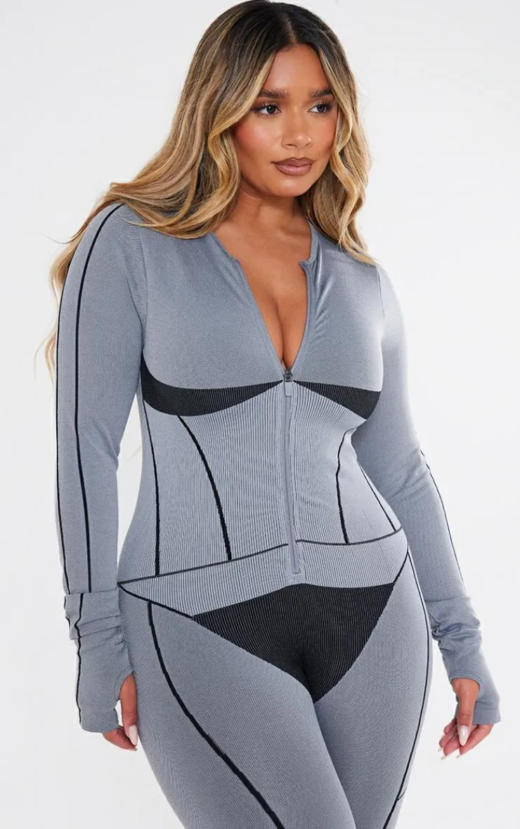 PrettyLittleThing Seamless Gym Wear*Shape Seamless Contrast Long Sleeve Zip Through Jumpsuit