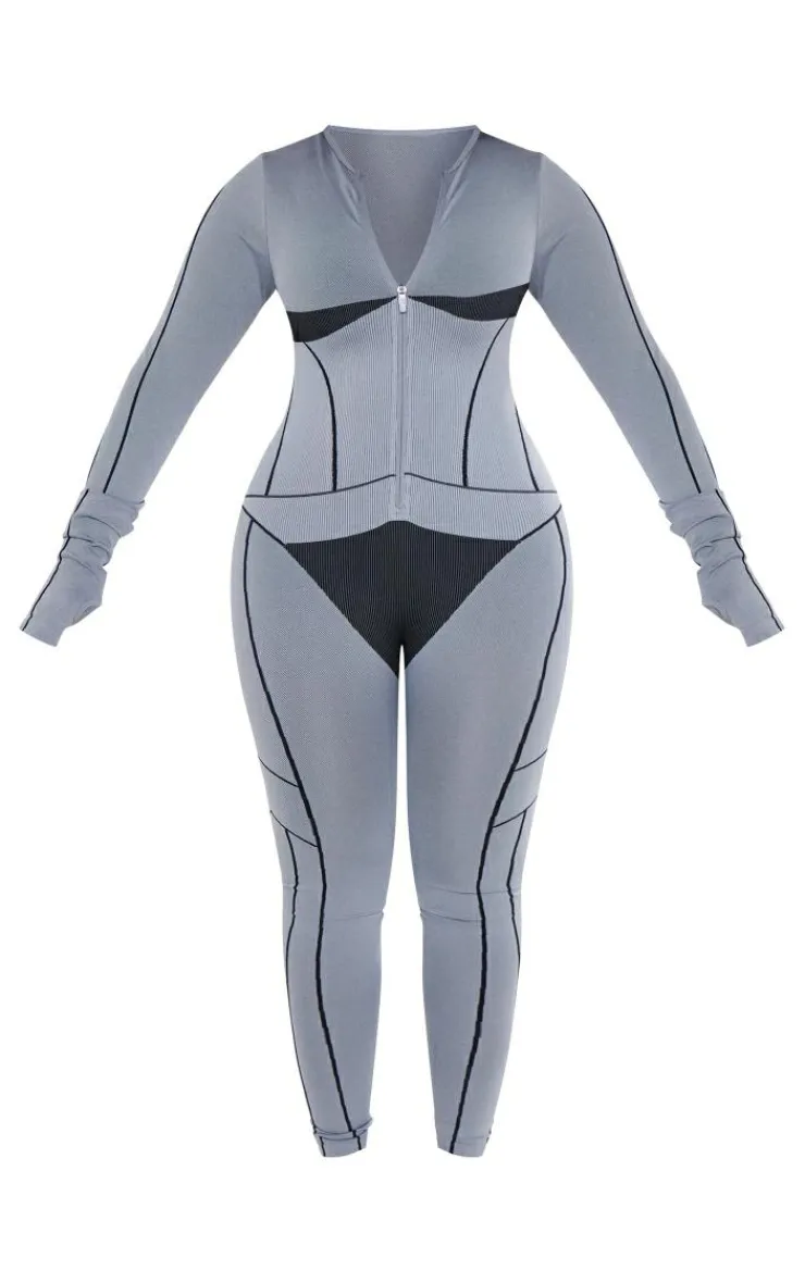 PrettyLittleThing Seamless Gym Wear*Shape Seamless Contrast Long Sleeve Zip Through Jumpsuit