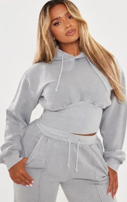 Discount PrettyLittleThing Shape Sweat Cropped Shirred Waist Hoodie Light Grey