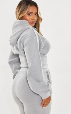 Discount PrettyLittleThing Shape Sweat Cropped Shirred Waist Hoodie Light Grey