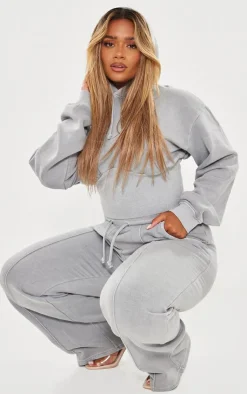 Discount PrettyLittleThing Shape Sweat Cropped Shirred Waist Hoodie Light Grey