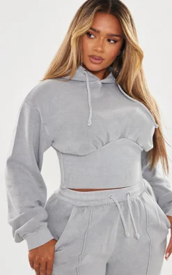 Discount PrettyLittleThing Shape Sweat Cropped Shirred Waist Hoodie Light Grey