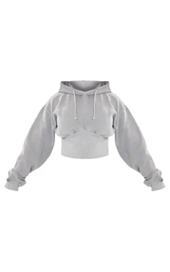 Discount PrettyLittleThing Shape Sweat Cropped Shirred Waist Hoodie Light Grey