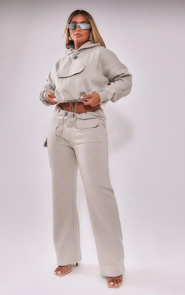 Sale PrettyLittleThing Shape Toggle Waist Pocket Detail Wide Leg Sweatpants Light Grey