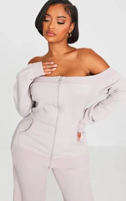 Online PrettyLittleThing Shape Washed Bardot Zip Up Sweatshirt Light Grey