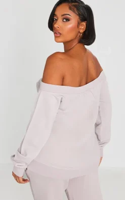 Online PrettyLittleThing Shape Washed Bardot Zip Up Sweatshirt Light Grey