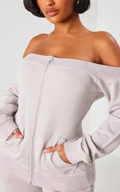 Online PrettyLittleThing Shape Washed Bardot Zip Up Sweatshirt Light Grey