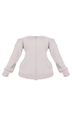 Online PrettyLittleThing Shape Washed Bardot Zip Up Sweatshirt Light Grey