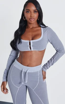 Outlet PrettyLittleThing Shape Washed Cotton Hook And Eye Long Sleeve Crop Top Light Grey