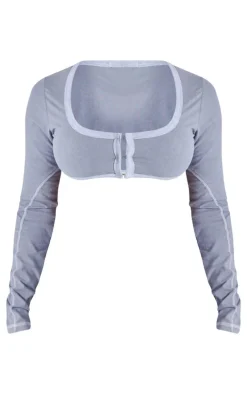 Outlet PrettyLittleThing Shape Washed Cotton Hook And Eye Long Sleeve Crop Top Light Grey