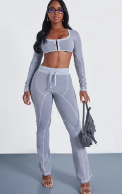 PrettyLittleThing Shape Washed Cotton Seam Detail Flare Leggings Light Grey