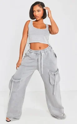 Sale PrettyLittleThing Shape Washed Double Waistband Pocket Detail Wide Leg Sweatpants Light Grey