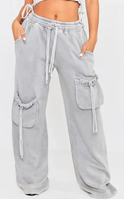 Sale PrettyLittleThing Shape Washed Double Waistband Pocket Detail Wide Leg Sweatpants Light Grey