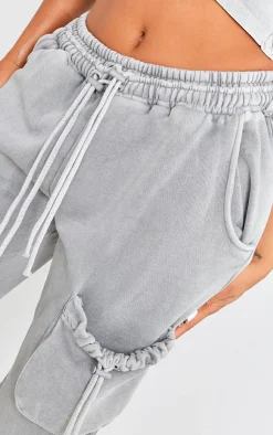 Sale PrettyLittleThing Shape Washed Double Waistband Pocket Detail Wide Leg Sweatpants Light Grey