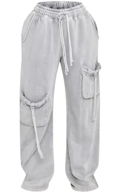 Sale PrettyLittleThing Shape Washed Double Waistband Pocket Detail Wide Leg Sweatpants Light Grey