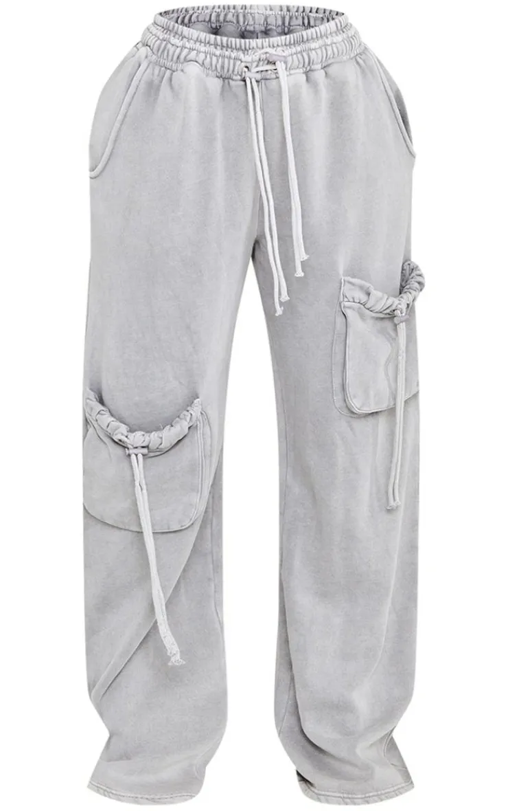 Sale PrettyLittleThing Shape Washed Double Waistband Pocket Detail Wide Leg Sweatpants Light Grey