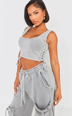Outlet PrettyLittleThing Shape Washed Lace Up Toggle Scoop Neck Crop Top Light Grey