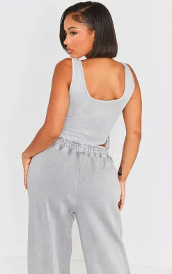 Outlet PrettyLittleThing Shape Washed Lace Up Toggle Scoop Neck Crop Top Light Grey
