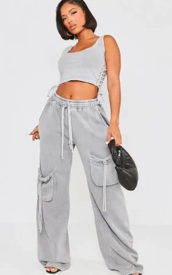 Outlet PrettyLittleThing Shape Washed Lace Up Toggle Scoop Neck Crop Top Light Grey