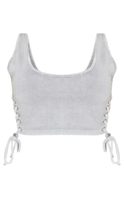 Outlet PrettyLittleThing Shape Washed Lace Up Toggle Scoop Neck Crop Top Light Grey