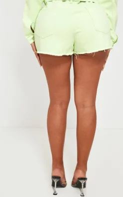 Hot PrettyLittleThing Shape Denim Frayed Hem Denim Shorts Lime