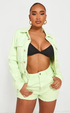 Hot PrettyLittleThing Shape Denim Frayed Hem Denim Shorts Lime