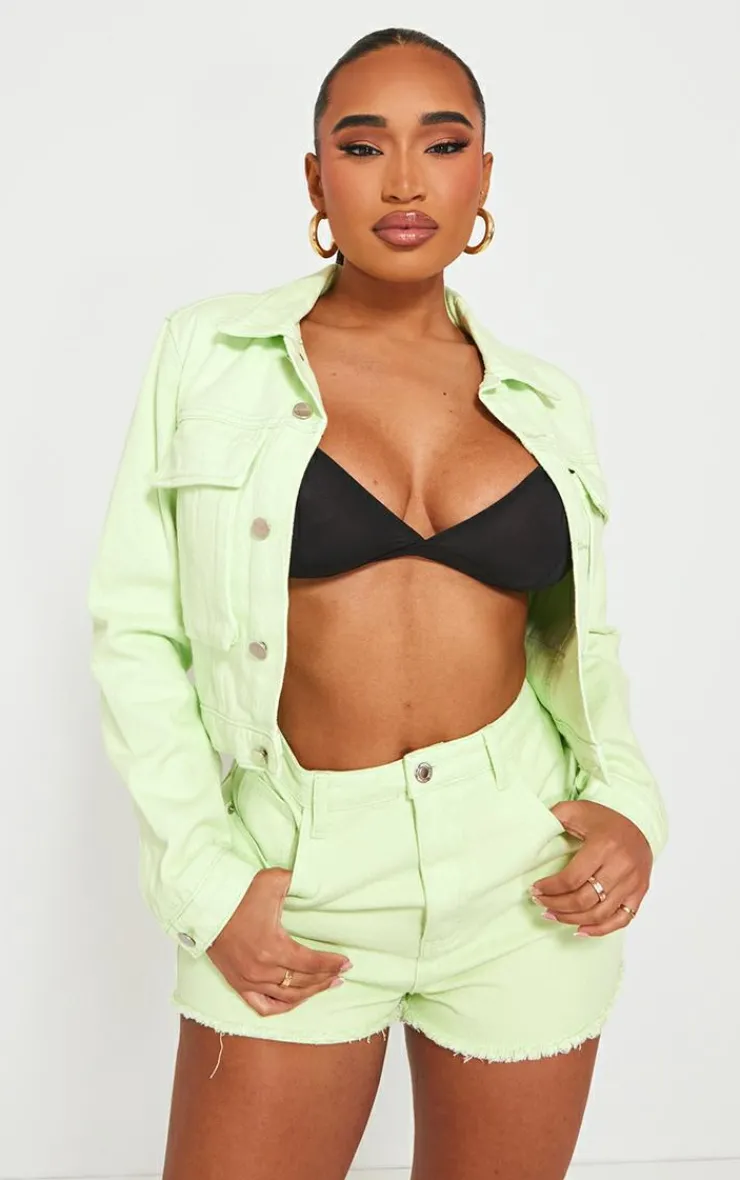 Hot PrettyLittleThing Shape Denim Frayed Hem Denim Shorts Lime