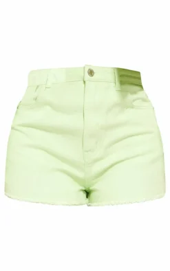 Hot PrettyLittleThing Shape Denim Frayed Hem Denim Shorts Lime