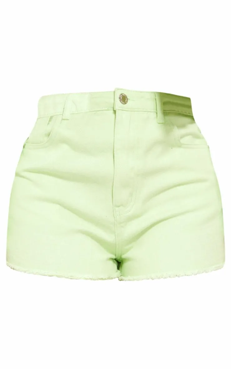 Hot PrettyLittleThing Shape Denim Frayed Hem Denim Shorts Lime