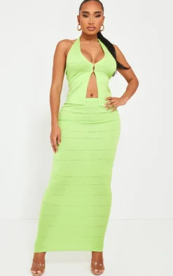 Outlet PrettyLittleThing Shape Knit Hook And Eye Halterneck Plunge Top Lime
