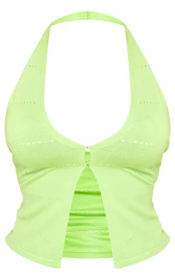 Outlet PrettyLittleThing Shape Knit Hook And Eye Halterneck Plunge Top Lime