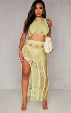 Online PrettyLittleThing Shape Knit Ladder Maxi Skirt Lime